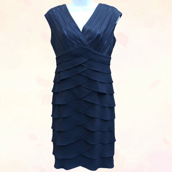 Adrianna Papell Women Black Lined Ruffle Tiered Cocktail Evening Midi Dress S6 - Picture 1 of 10